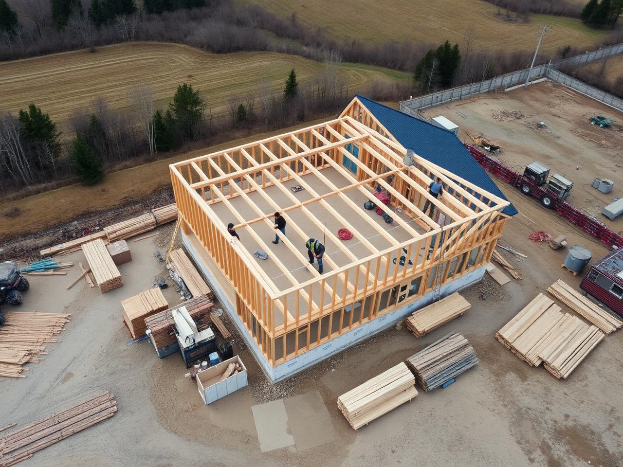 Aerial view of framing crew