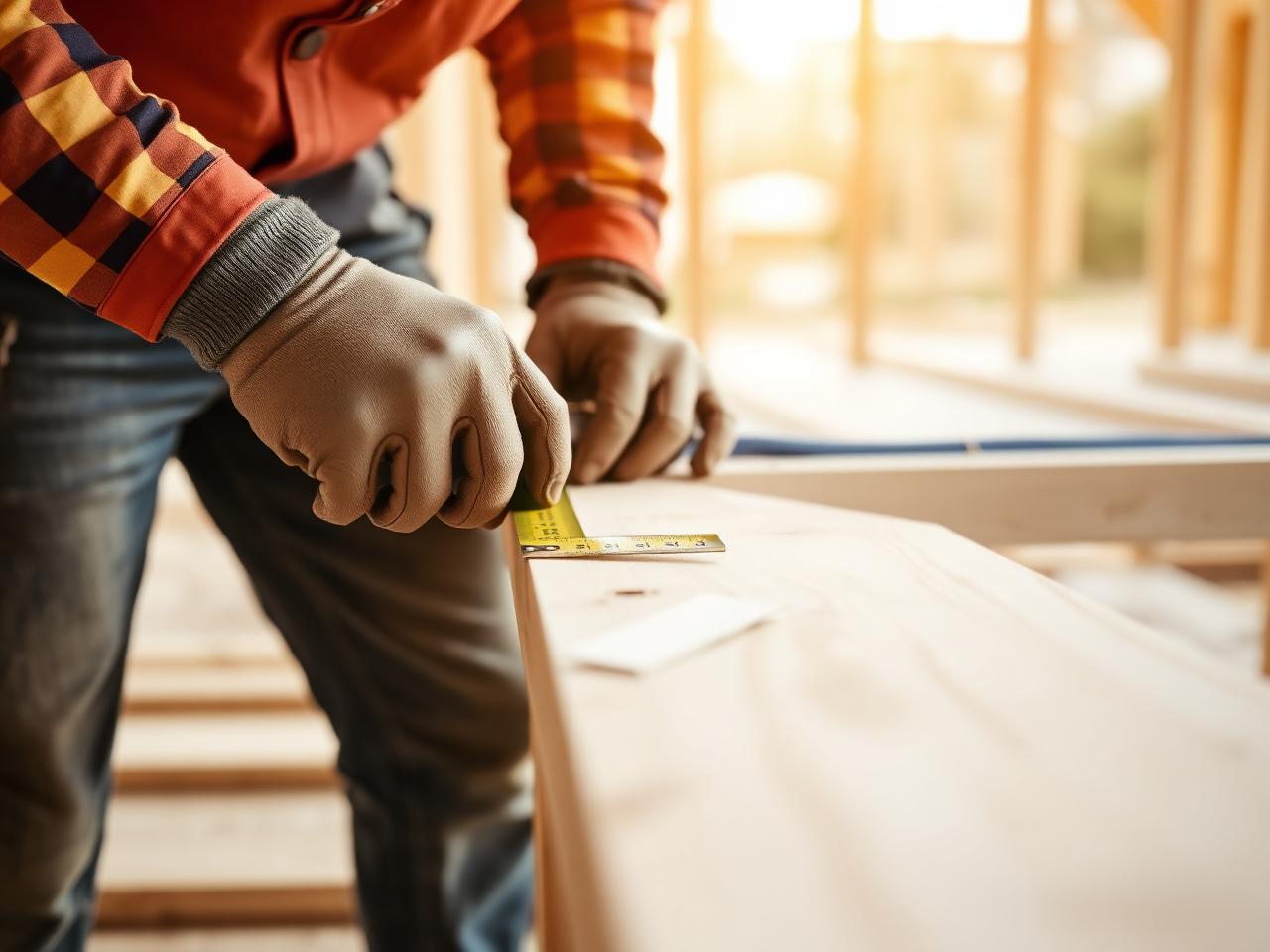 Carpenter measuring framing lumber